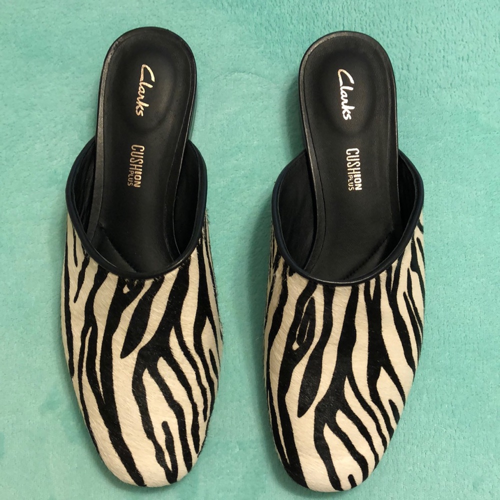 Clarks cushion plus zebra print slip on shoes/ mules